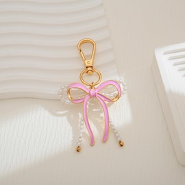 WOWORAMA Pearl Bow Keychain Charm for Bag Purse Women Cute Pink Bow Bag Charm Pearl Bowknot Keychain Accessories for Handbag Backpack