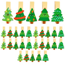 30 Pieces Christmas Wooden Clips, Mini Photo Pegs with Jute String, Christmas Tree and Polar Bear Christmas Card Holder Pegs, Photo Display Clips for Christmas Tree Wall Decoration (B)