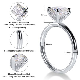 1.5 Carat Oval Cut Moissanite Engagement Ring for Women 925 Sterling Silver Solitaire Rings D Color Lab Created Diamond Promise Wedding Ring for Her Size 5