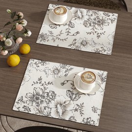 TOPICK Floral Place Mats for Table Linen Blend Table Mats Set of 4 Vintage Table Placemats Holiday Rustic Cloth Table Mats for Kitchen Dining Table Decor Washable Tablemats 13x19 Inch Black