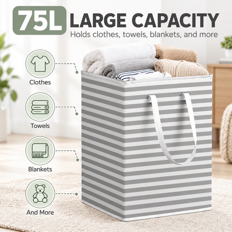 75L Foldable Laundry Basket for Clothes & Household Storage –