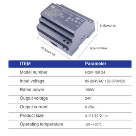 DynMach HDR-150-24 150W 24V 5.31/6.25A Metal Enclosed DIN Rail Power Supply for Home Control Systems, Building Automation, Industrial Controls