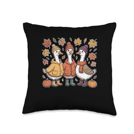 Fall Goose Trio Autumn Pumpkin Leaves Cozy Sweater Weather Throw Pillow