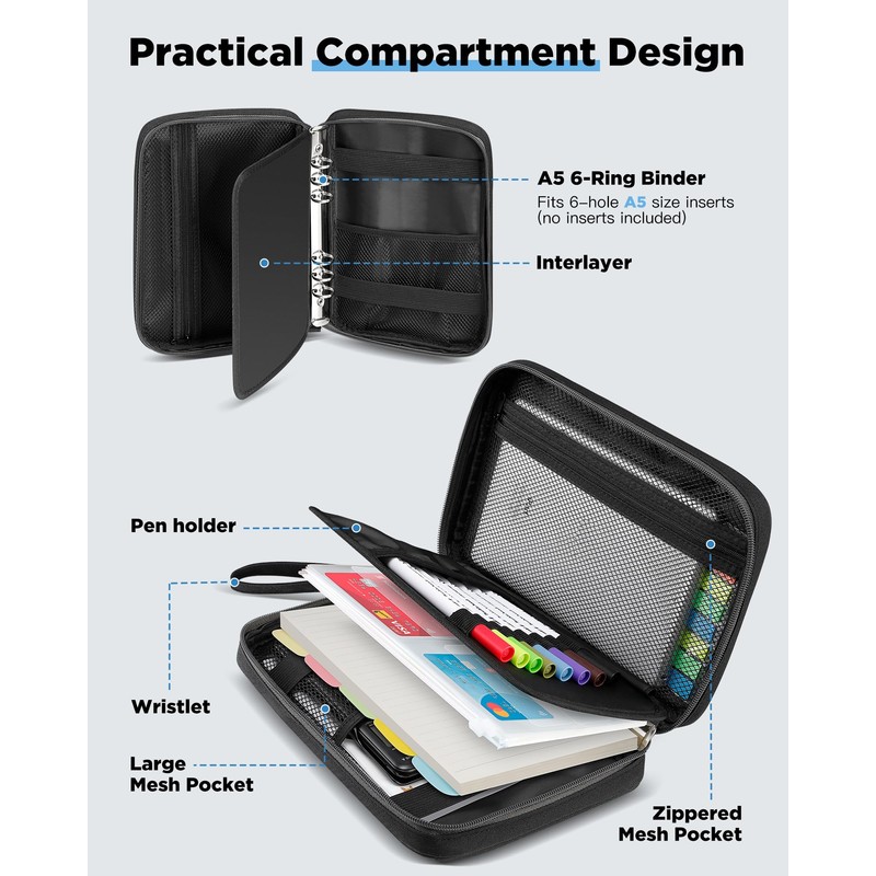 Zannaki A5 Zipper Binder, 6 Ring Personal Planner Journal Budget