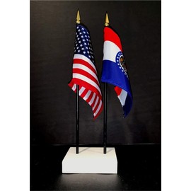 1 American and 1 Missouri Miniature Office Flag Set Rayon 4x6 inch Office Flag are American Made Little Hand Waving Table Flags Includes a 2-Hole White Flag Stand