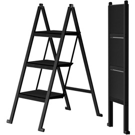 Ainai 3 Step Ladder, Aluminum Ultra Thin 3 Step Folding Stool, 400 Lbs Capacity Step Ladder with Anti-Slip Sturdy and Wide Pedal, Space Saving Closet Step Stool for Home, Kitchen and Office,Black