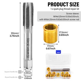 TLPCRKI Spark Plug Thread Repair Kit, High Speed Steel Tap Spark Plug with M14x1.25 Inserts and M16x1.25 Tap Kit, Spark Plug Thread Repair Tools for Automotive Engine Repair(M14)