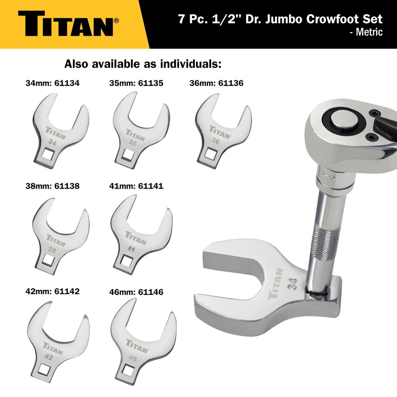 Titan 17670 7-Piece 1/2-Inch Drive Metric Jumbo Crowfoot Wrench Set