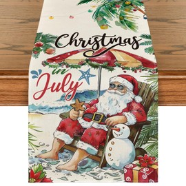 Artoid Mode Santa Claus Snowman Coconut Tree Christmas in July Table Runner, Summer Holiday Kitchen Dining Table Decoration for Home Party Decor 13x72 Inch