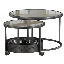 Belord Round Nesting Coffee Tables Set of 2 for Living Room, Tempered Glass Black Metal Stacking Nesting Table with Casters and Storage