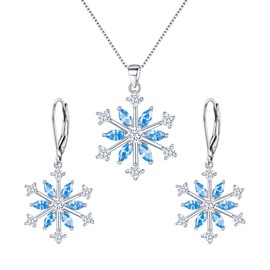 Ever Faith Snowflake Jewerly Sets Sterling Silver Winter Accessory Sparkle Sky Blue CZ Flower Necklace Leverback Earrings Set
