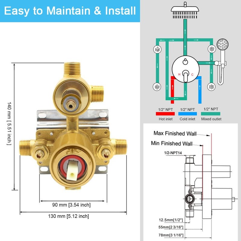 Homekicen 3-Way Shower Diverter Valve Replacement, Pressure Balancing Hidden 3