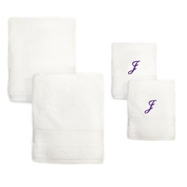 Super Soft Thick Embroidered White Turkish Cotton Bath Towel Set of 2 with Monogrammed Purple Script J | Looped Terry Cloth Finish Extra Absorbent Quick Dry Luxury Kitchen Spa Bath Hand Towel