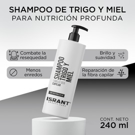 ISRANT | Shampoo Nutritivo de Trigo y Miel - Fortalece y Revitaliza | Completa tu Neceser de Viaje - Baño Accesorios - Brillo y Suavidad | Ideal Cuidado para Cabello Dañado y Seco | 240ml