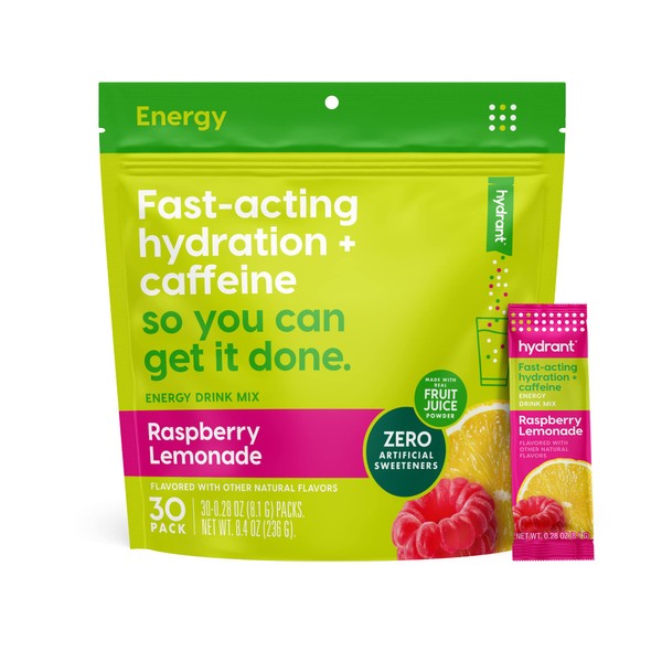 Hydrant Energy, Individual Caffeinated Hydration Powder Stick Packets with 100mg of Caffeine, Electrolytes, and L-Thenanine (Raspbery Lemonade, 30 Count)