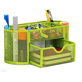VANRA Metal Mesh Desk Supply Caddy Desktop Office Supplies Organizer Supply Holder 8 Compartments with Drawer (Green)
