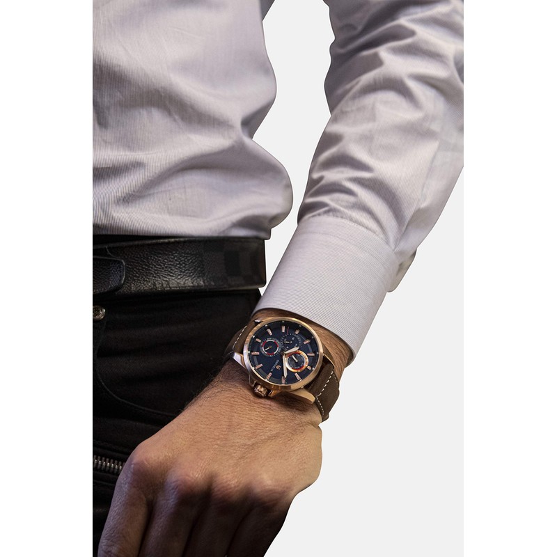 ORPHELIA Eddington Men's Multi Dial Watch with Leather Strap, brown/blue,