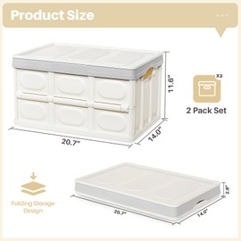 Homde 55L Collapsible Plastic Crates Storage Container with Lids 2 Pack Stackable Storage Bins with Secure Buckles for Clothes, Toy, Grocery, Camping and Garage (55L, White)