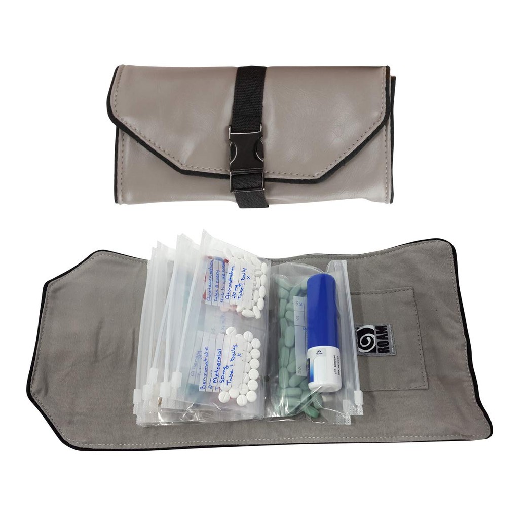 Wellness Travel Pack - The Pill Organizer Wallet, Fits All Size of Medications, Extra Small to Extra Large, Holds Pills, Drops, Sprays & Ointments, Secure Zip Bags, Customizable Write On Label (Grey)