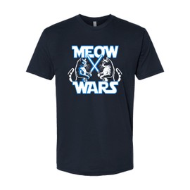Small Navy Blue Mens Meow Wars Funny Cat Light Saber Battle Deluxe Soft T-Shirt