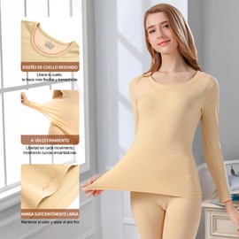 Ropa Termica para Mujer, Conjunto Interior Térmica Frio, Camiseta y Pantalon Termico Invierno, Forro Polar, Suave y Cómodo, Playeras Térmicas Mujer para Relajarse Interiores, Nieve, Caminar-Piel-XL