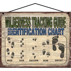 8x10 Vintage Style Bigfoot Themed Sign - Wilderness Tracking Guide Identification Chart - Hiker Deer Raccoon Bear Bigfoot Footprints Home Décor