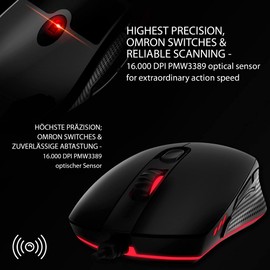 Lioncast LM60 Pro Gaming Mouse - Up to 16,000 DPI, 1ms Response Time, 7 Programmable Buttons - PMW 3389 Optical Sensor RGB Lighting, Angled Ergonomic Design, Anti-Sweat Coating