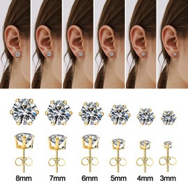 6 Pairs Hypoallergenic Stainless Steel Stud Earrings Cubic Zirconia Earrings Set 14K Gold Plated Multipack 3-8mm