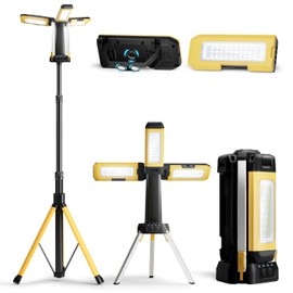 10000mAh Rechargeable Work Light with Stand - 5.6 ft Max Height, 3200 Lumens 5500k/6500k/7000k Cordless Led Work Light Dimmable with 2 Detachable Lamp Panels Emergency Flashlight for Garage Workshop