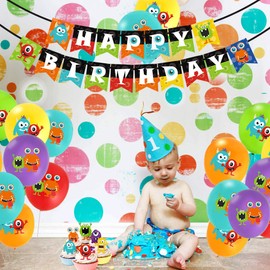 Monster Party Decorations - Monster Birthday Balloons Happy Birthday Banner Cupcake Toppers for Monster Party Supplies