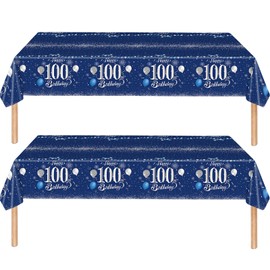 2Pcs Navy Blue Happy 100th Birthday Party TableCloth,137*274cm Plastic Blue and Sliver 100th Table Cloth for Man Men Him Birthday Table Decorations Disposable Party Tablecover for 100th Birthday Party