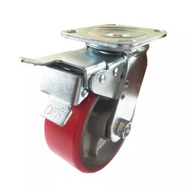 Hy-Weld 6" x 2"  Polyurethane on Cast Iron (Red) Non-marking - Swivel Total Lock Brake