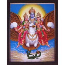 HandicraftStore Supreme Lord Vishnu with his Wife Laxmi and Giving Blessings, A Poster Painting with framing, Must for Hindu Religious and Worship Purpose