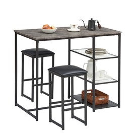 VECELO Dining Table Set for 2 with 3 Storage Shelves,Counter Height Kitchen Table and Chairs with Pu Cushion Chairs & Wood Top for Small Space,Dining Room,Apartment，Gray