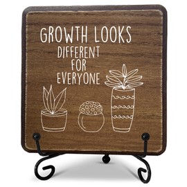 Inspirational Wood Plaque Sign,Growth Looks Different for Everyone Plant Motivational Wooden Plaque Sign for Home Classroom Bedroom Office Desk Table Decor（5 Inches With Support） - A08