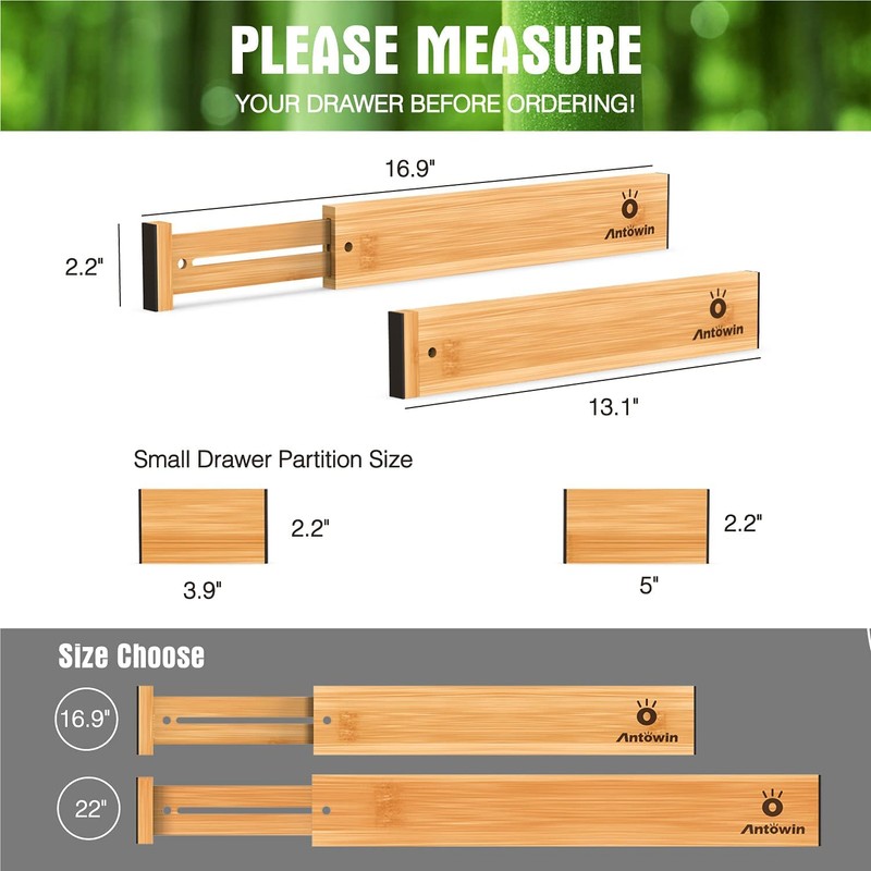 ANTOWIN Bamboo Drawer Dividers Organizers, Drawer Separators Splitter,13-17 inches Long