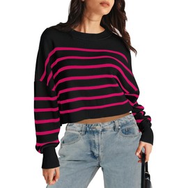 MEROKEETY Womens Striped Cute Trendy Going Out Side Split Pullover Sweater for Teen Girls, BlackRose, Large