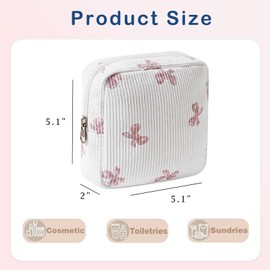 Cute Small Corduroy Zipper Makeup Bag, Mini Coquette Aesthetic Pouch with Bow Pattern for for Purse,Key Pocket Lipstick Bag Card Holder Data Cable Organizer for Women Girls (08WhitePink Bow)