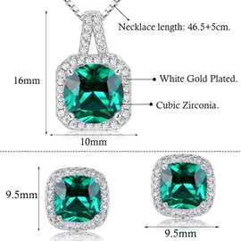 Green Cubic Zirconia Earrings and Necklace Set for Women 14K White Gold Plated Square Jewelry Set for Women Silver Pendant Necklace Hypoallergenic Stud Earrings Set Jewellery Gift