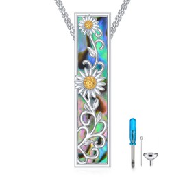 Flpruy Sunflower Urn Necklaces for Ashes 925 Sterling Silver Sunflower Daisy Abalone Shell Bar Cremation Jewelry Keepsake Memorial Pendant for Human