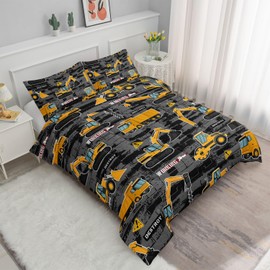 Datura home Kids Engineering Car Bedding Comforter Set Tractor Truck Printed Pattern Bedding Set with 1 Comforter and 2 Pillowcases for Boys Bedroom All Season(Truck2 Full) Full 80x90inches