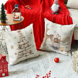 Artoid Mode Tree Deer Sleigh Snowflakes Christmas Cushion Covers Set of 2, 45x45 cm Gifts Decorative Pillow Case Cover Sofa Living Room Outdoor Decor