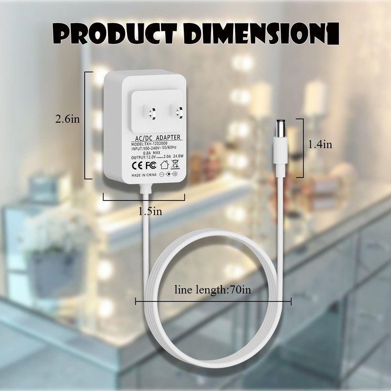 Sigely 12V 2A AC Power Supply Cord for Vanity Makeup