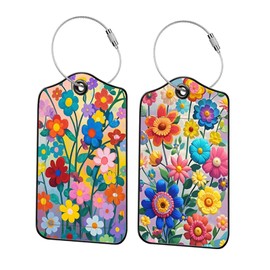 Qrifaro 2 Pack Wildflowers Leather Luggage Tags for Suitcases, Travel Bag Tags with Privacy Cover ID Label with Stainless Steel Loop for Women Men Girls Backpack Gift (Red Blue)