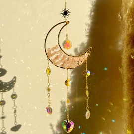 Kawlxpp Handmade Crystal Decor Hanging Moon Suncatcher with Glass Prisms for Window Making Rainbows Indoor (Pink)