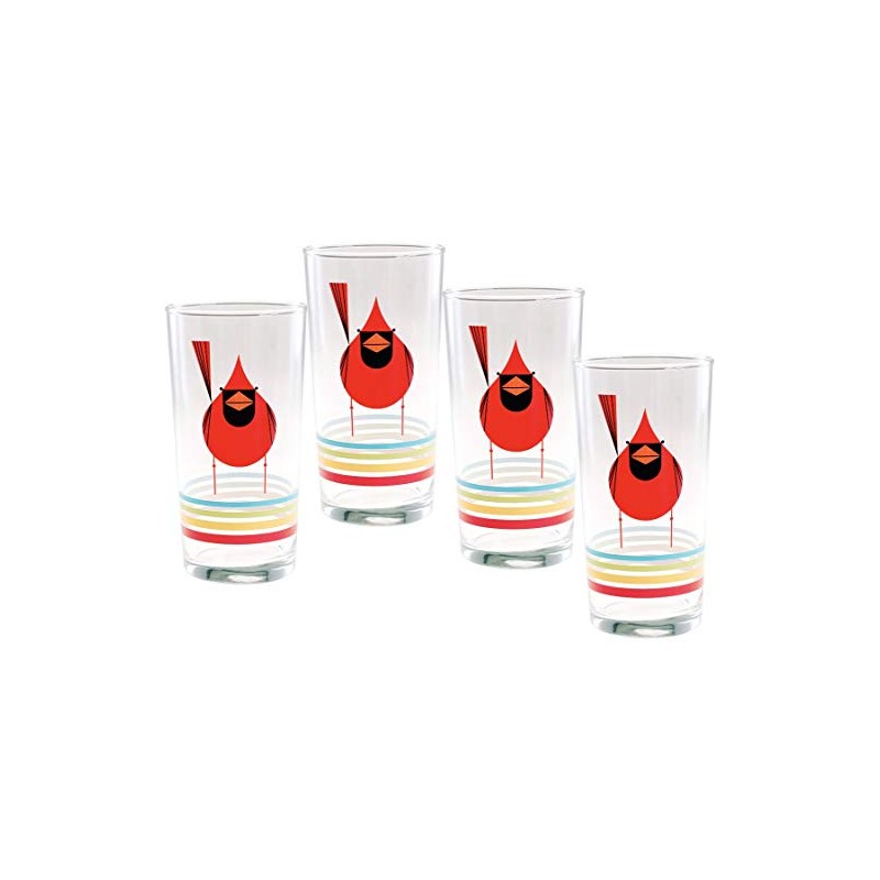 Charley Harper Glasses Cardinal Close-Up with Stripes (Set of 4)