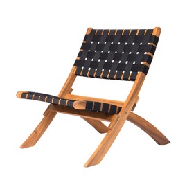 Balkene Home 62774 Sava Indoor Outdoor Folding Chair Low Slung Portable Seating Solid Acacia Wood Woven Seat & Back Indoors Porch Lawn Garden Fishing Sporting - Black Webbing
