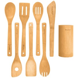 Wooden Kitchen Utensil Set 8-Piece - Kitchen Utensils Spatula Set Wood - Cooking Spoon Cookware with Spatula, Slotted Spoon, Tongs, Turner, Kitchen Utensil Holder - Bamboo Cooking Utensils - BlauKe®
