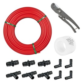 GUOFIS PEX A Pipe Tubing,1/2inch 100 ft Red PEX Pipe for Hot/Cold Water Plumbing Application,with 10 PCS 1/2" Poly PPSU Expansion Fittings, 30 PCS 1/2" Expansion Rings, Pipe Cutter