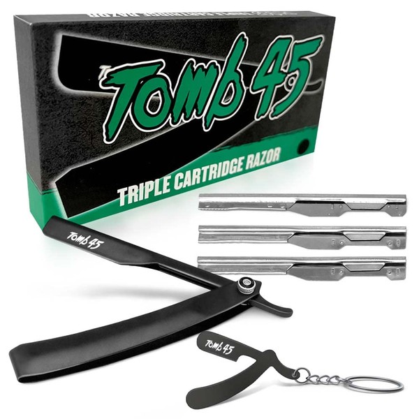 Tomb 45 Triple Cartridge Razor Holder | Disposable Razor Safety Handle For Barbers | 100% Metal Grip & 3 Adjustable Blade Exposure Options For Shaving | Men's Straight Edge Razors Manual Shaver (Black)
